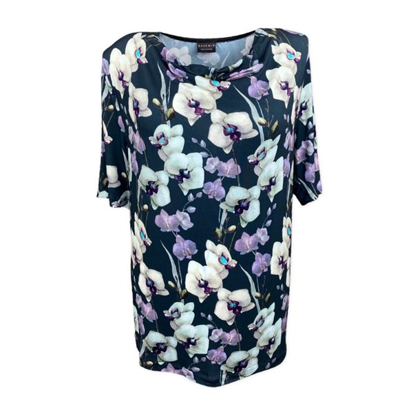 Rosemin - Mørkegrå bluse med lilla blomster med vandfaldskrave